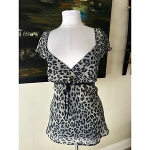 AGB Blouse Large Gray Leopard Empire Waist Ribbon Tie Y2K Babydoll style